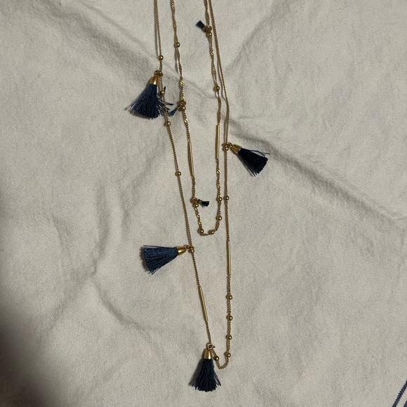 Madewell two-strand brass gold-tone blue tassel necklace - Picture 2 of 5